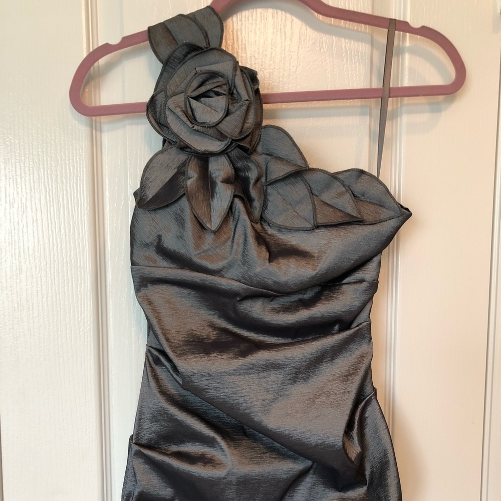 Silver one-shoulder cocktail dress in size 4